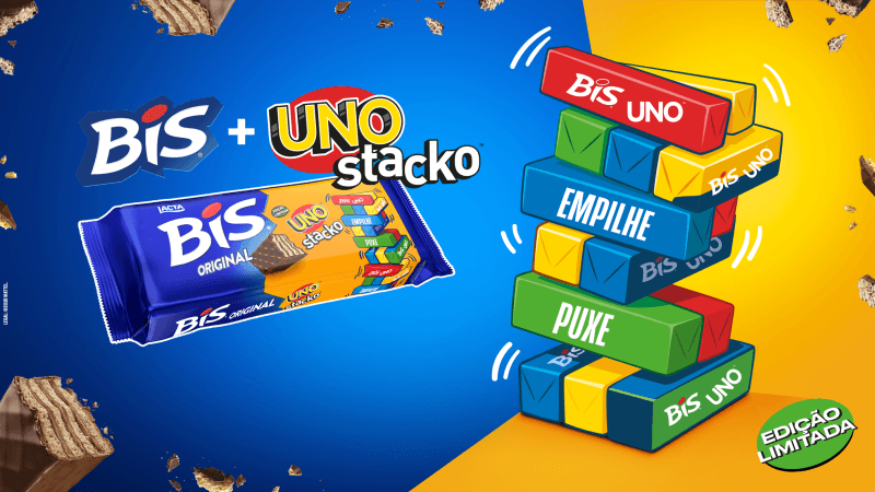 Embalagens de BIS e jogo de cartas em ação promocional